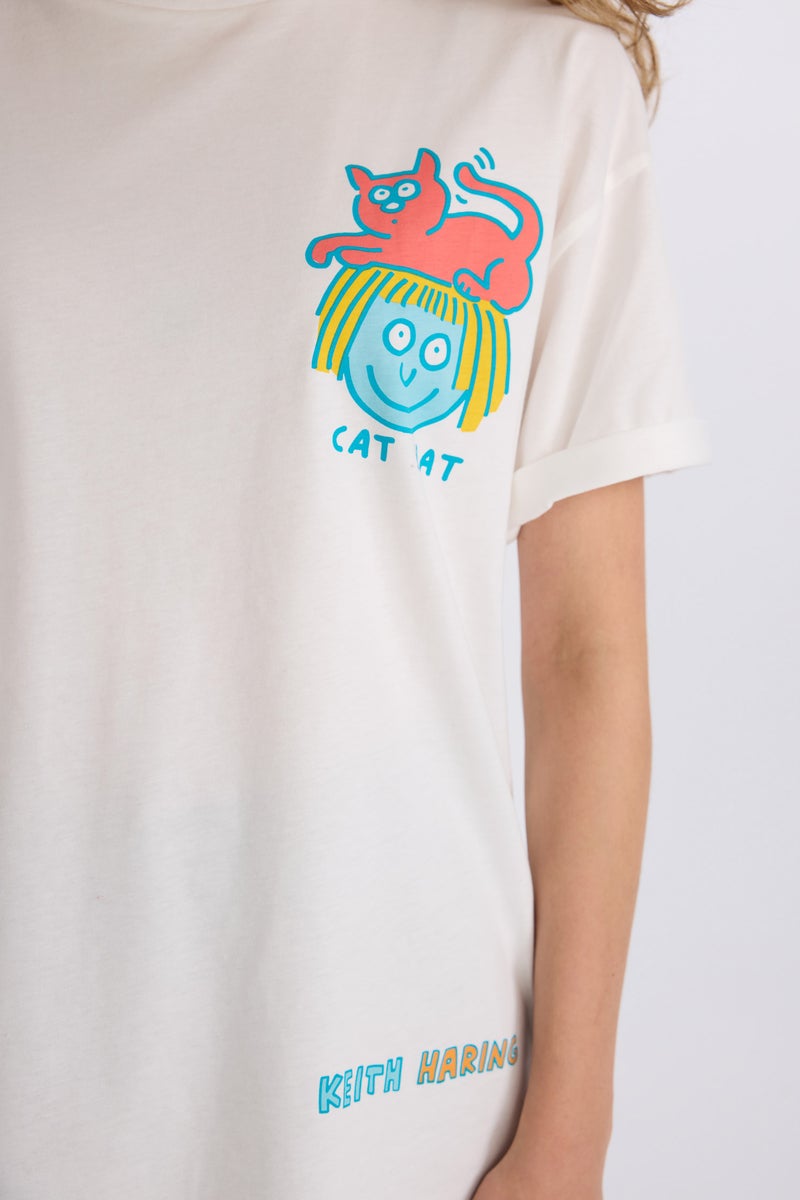 DeFacto White Woman Keith Haring Oversize Crew Neck Back Printed T-Shirt Casual - Image 5